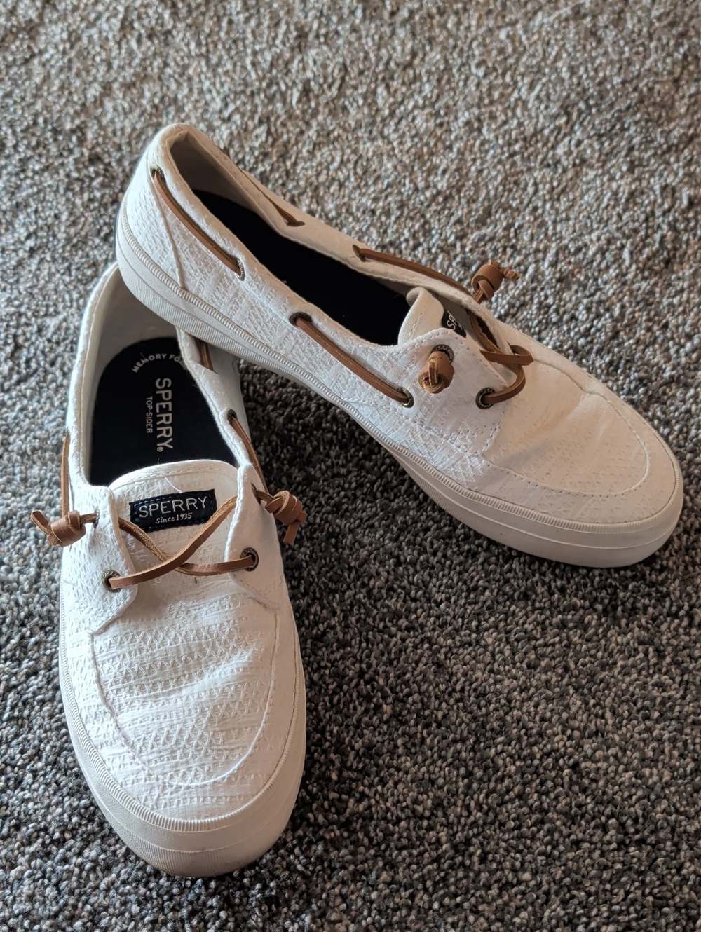 Sperry White Canvas Boat Shoes with Tan Leather Laces